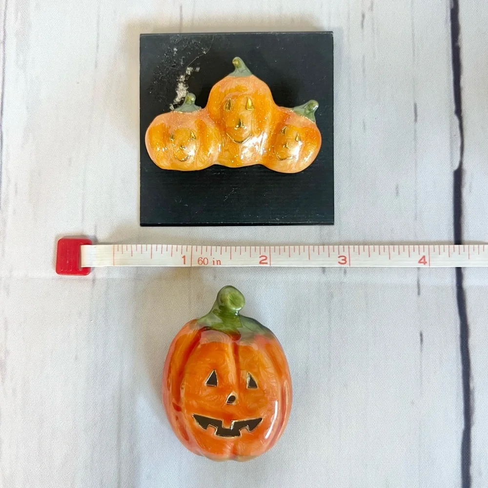 Vintage Halloween Pumpkin Brooch Pin Set Enamel Jack O Lantern Fall
